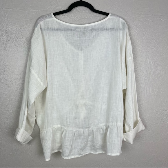 FLAX Linen White Button Down Long Sleeve Button Up Ruffle Hem Blouse M - Picture 6 of 10